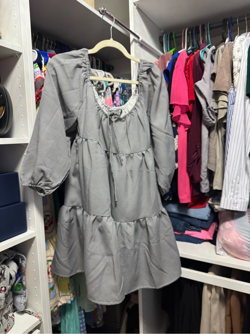 Girls Gray Checkered Tiered Dress